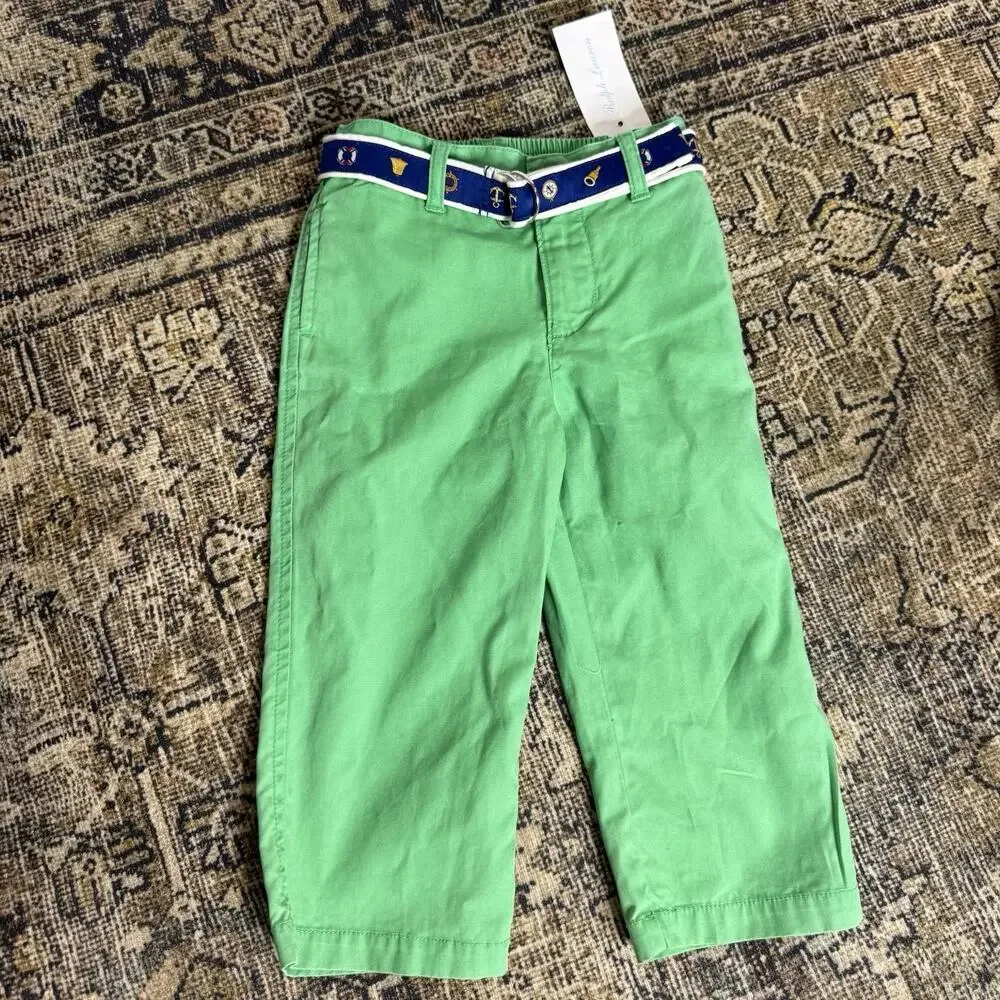 Ralph Lauren Boys Nautical Chino Pants Cotton Green Belted Size 18M NWT